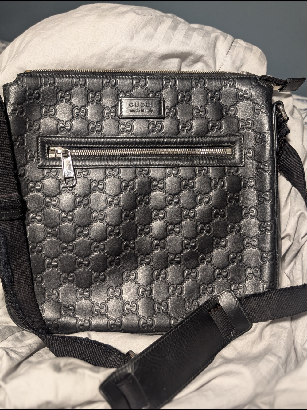 Gucci Black Leather Embossed Messenger Bag